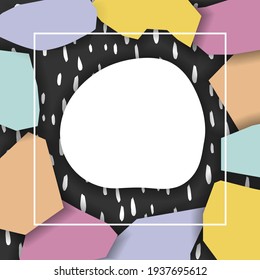 Abstract frame for text. Colorful stains, thin square, points, black background. Vector illustration. Flyer, brochure, story, post design. Place for notice. 