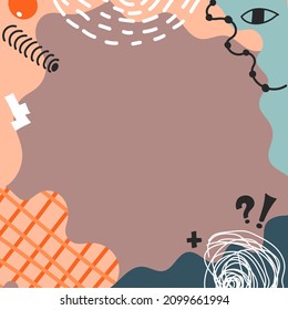 Abstrakter Rahmen. Vektorgrenze mit Punkten, Kurve, Linien, Elementen, Zeichen, Prüfmuster, plus, Auge, Symbolen. Trendster Hintergrund mit Platz für Text