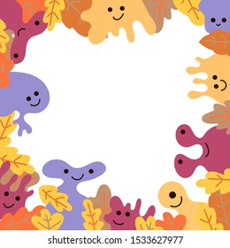 Abstract frame vector template. Funny kind monsters look out of the autumn leaves., borders for text on white background.  Scandinavian style