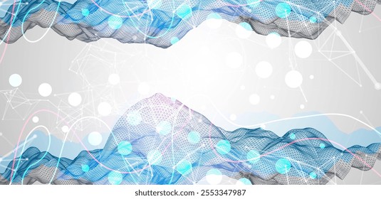 Abstract frame wave with colored spots on it and curved lines. Plexus effect. Hand drawn vector.