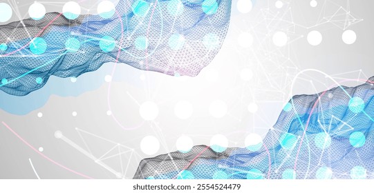 Abstract frame wave with colored spots on it and curved lines. Plexus effect. Hand drawn vector.
