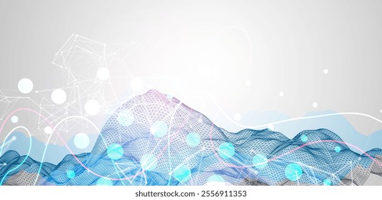 Abstract frame wave with colored spots on it and curved lines. Plexus effect. Hand drawn vector.
