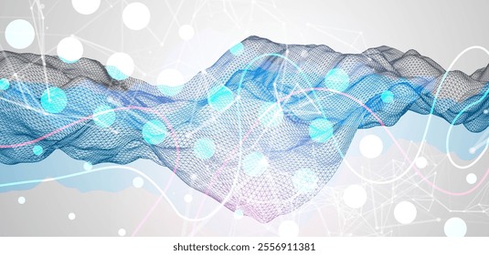Abstract frame wave with colored spots on it and curved lines. Plexus effect. Hand drawn vector.