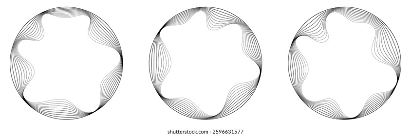 Abstract frame with wavy inner corners. Round border made with thin black lines.