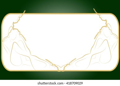abstract frame for your text with delicate elements in the form of sketches seductive girls framing the frame in gold color on Bright background with dark green gradient. Vector illustration. 
