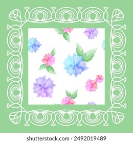 Abstractas patrón enmarcado con acuarela azul y rosa flores sobre fondo blanco. Marco con adorno de vanguardia blanco sobre fondo verde. El patrón floral se puede utilizar como fondo sin costuras. Vector.