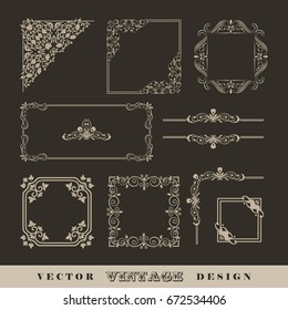 Abstract frames, borders, corners. Set of vintage vector calligraphic linear corners and retro frames