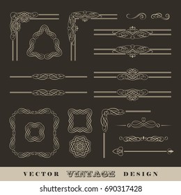 Abstract frames, borders, corners. Set of vintage vector calligraphic linear corners and retro frames