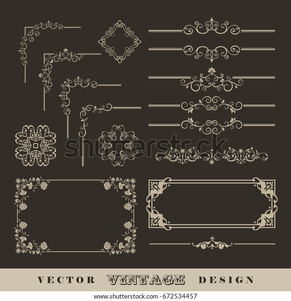 Abstract frames, borders,\
corners. Set of vintage vector calligraphic linear corners and\
retro frames