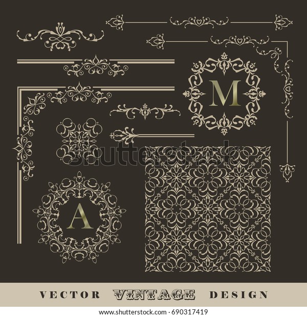 Abstract frames, borders,
corners. Set of vintage vector calligraphic linear corners and
retro frames