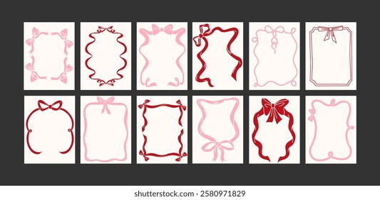 Abstract frames bows posters in minimalist style. Wall decor, fashionable banners in the style of Matisse cartoons. Line drawings, ribbons, cute style. Wallpaper, wall, prints and postcards decor