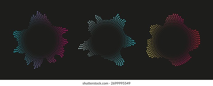 Abstract frames with multicolored sound waves. Circular dotted figures and neon curves. Audio equalizer visualization for music banner, poster design.