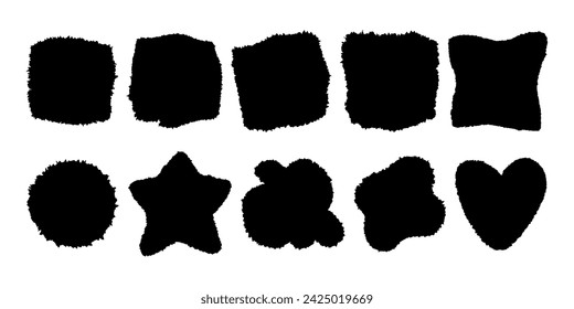 Abstract frames with textured grunge jagged edges. Black piece cut out for collage, text box, sticker. Isolated torn paper set. Ripped shape silhouettes collection.  