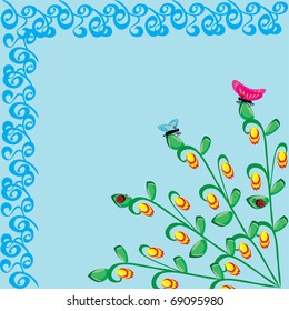 Abstract framework with butterflies and ladybirds on a blue background