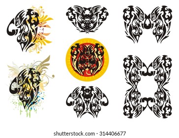 Abstract freakish elements. Tribal fun head with splashes, a frame and other symbols on a white background