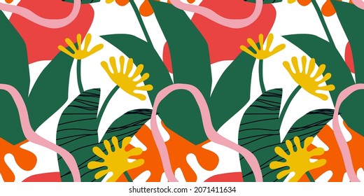Abstract free hand spring flower plant seamless pattern illustration. Contemporary graphic print background with nature doodles and organic collage art style shapes.