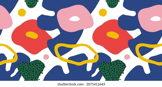 Abstract free hand spring flower plant seamless pattern illustration. Contemporary graphic print background with nature doodles and organic collage art style shapes.