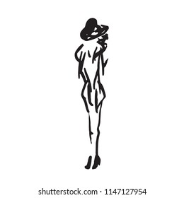 Abstract free model in hat, hand drawn ink  doodle, sketch, outline black and white vector fashion illustration