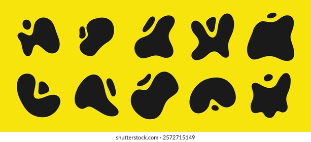 Abstract freeform collection. Set of black amoeba. Modern figure for design and print. Vector illustrations isolated on yellow background.