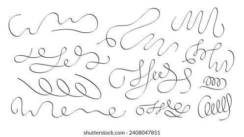 Abstract freeform curly doodle lines set simple hand drawn black monochrome vector illustration, wavy squiggle brush stroke shapes collection for party celebration decor, design elements