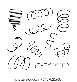 Abstract freeform curly doodle lines set simple hand drawn black monochrome vector illustration, wavy squiggle brush stroke shapes collection for party celebration decor, design elements