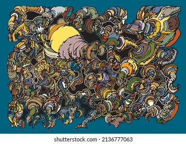 Abstract, freehand drawn imaginary worm holes based colorful artwork