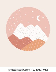 Abstract Freehand Mountain Vector Illustartion. White and Brwon Mountains Isolated a Light Salmon Pink  Background. Simple Hand Drawn Landscape Print.  Snowy Hill, Stars and Moon in a Round Frame.