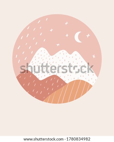 Abstract Freehand Mountain Vector Illustartion. White and Brwon Mountains Isolated a Light Salmon Pink  Background. Simple Hand Drawn Landscape Print.  Snowy Hill, Stars and Moon in a Round Frame.