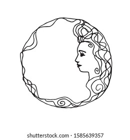 Abstract freehand vector drawing with a black line on a white background. Female face in profile in a round frame of long wavy hair, curls for the design of cosmetics, beauty.