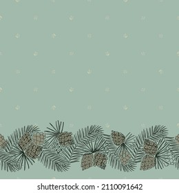 Abstract freestyle spruce twigs and pine cones seamless pattern border. Vector illustration, digital background, surface design.