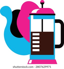 Abstract French Press Coffee Maker Illustration, Colorful Pop Art Style Cafetiere Graphic
