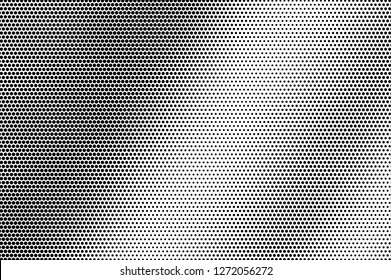 Abstract frequent dotted texture. Black dots on white background. Contrast dotted gradient. Vintage effect vector overlay. Ink dot pattern. Monochrome halftone texture. Industrial perforated surface
