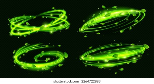 Abstract fresh air swirls with green foliage and sparkles isolated on transparent background. Vector realistic illustration of wind flow effect, mint or tea leaves and glowing particles. Herbal flavor