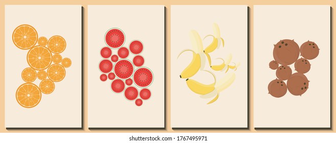 Abstract Fresh Fruit Poster Concept. Orange, Watermelon, Banana, Coconut Vector.