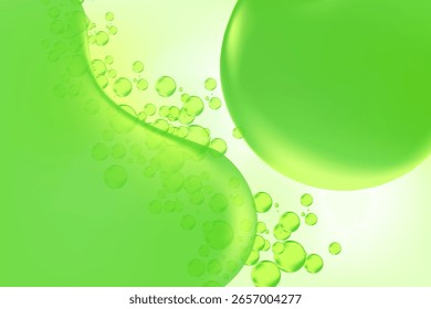 Abstractas manchas de líquido verde fresco, células biológicas que fluyen cerca de gotitas, fondo claro de burbujas con espacio de copia. Formas orgánicas fluidas. Textura de agua de suero de belleza para la presentación del producto