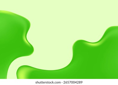 Abstractas gotas de líquido verde fresco, goteo gotículas de gel de ducha transparente, fondo con espacio de copia. Forma orgánica fluida, limo suave y pegajoso. Textura de agua de suero de belleza para la presentación del producto