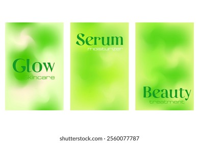 Abstract fresh green poster set, smooth blurred gradient background with glowing liquid watercolor texture. Lime color fluid poster with copy space. Great for nature technology