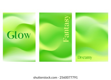 Abstract fresh green poster set, smooth blurred gradient background with glowing liquid watercolor texture. Lime color fluid poster with copy space. Great for nature technology