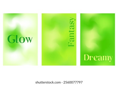 Abstract fresh green poster set, smooth blurred gradient background with glowing liquid watercolor texture. Lime color fluid poster with copy space. Great for nature technology