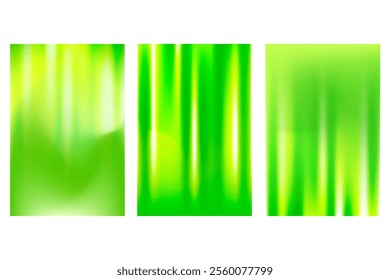 Abstract fresh green poster set with iridescent flare texture, blurred gradient background with glowing light. Lime shade fluid poster with copy space. Great for eco, nature technology