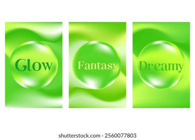 Abstract fresh green poster set with flowing texture, smooth blurred gradient background with glowing 3d liquid bubbles. Lime shade fluid poster with copy space. Great for eco, nature technology