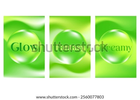 Abstract fresh green poster set with flowing texture, smooth blurred gradient background with glowing 3d liquid bubbles. Lime shade fluid poster with copy space. Great for eco, nature technology