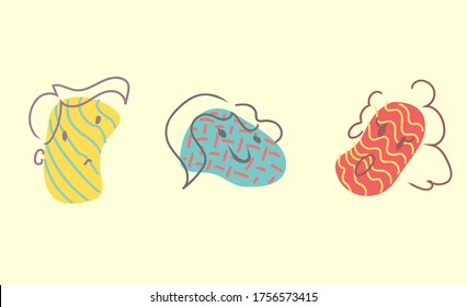 Abstract fresh illustration of characters on a light background. Modern bob faces. Set of three hand drawn illustrations, minimalistic concept. Contemporary pastel colors.
