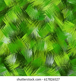 Abstract fresh seamless pattern with intersected brush strokes. Various green color tints: emerald, lime, dark green.