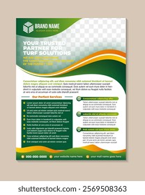 abstract freshnes design with headline is your trusted partner for turf solutions. vertical layout flyer with green and orange gradient on element isolated on white background. space for photo.