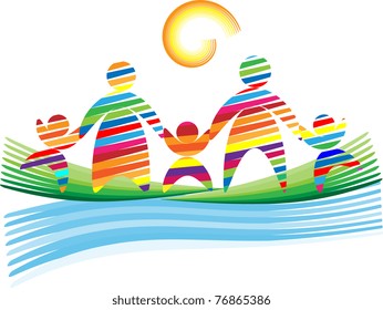 Abstract Friendly family on a grass from color strips on a transparent background