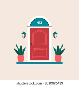 Abstract front house door. Hand drawn retro doorstep, home entrance with brick walls and plants. Vector illustration