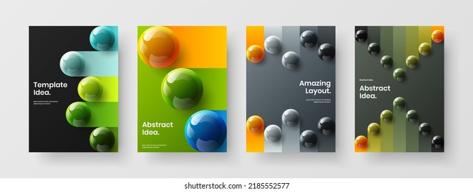 Abstract front page A4 vector design concept composition. Multicolored realistic spheres leaflet illustration bundle.