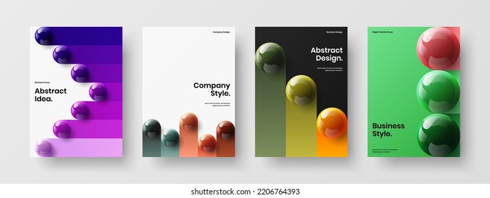 Abstract front page A4 vector design illustration collection. Multicolored realistic balls journal cover concept set.