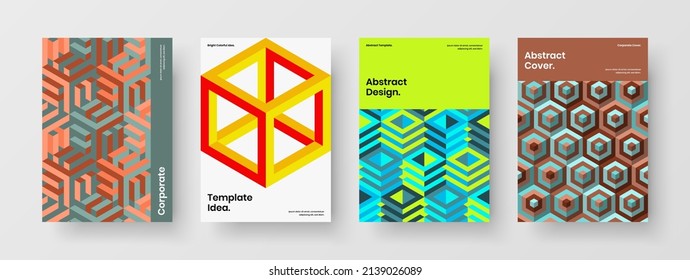 Abstract front page vector design concept bundle. Multicolored mosaic hexagons company brochure layout set.